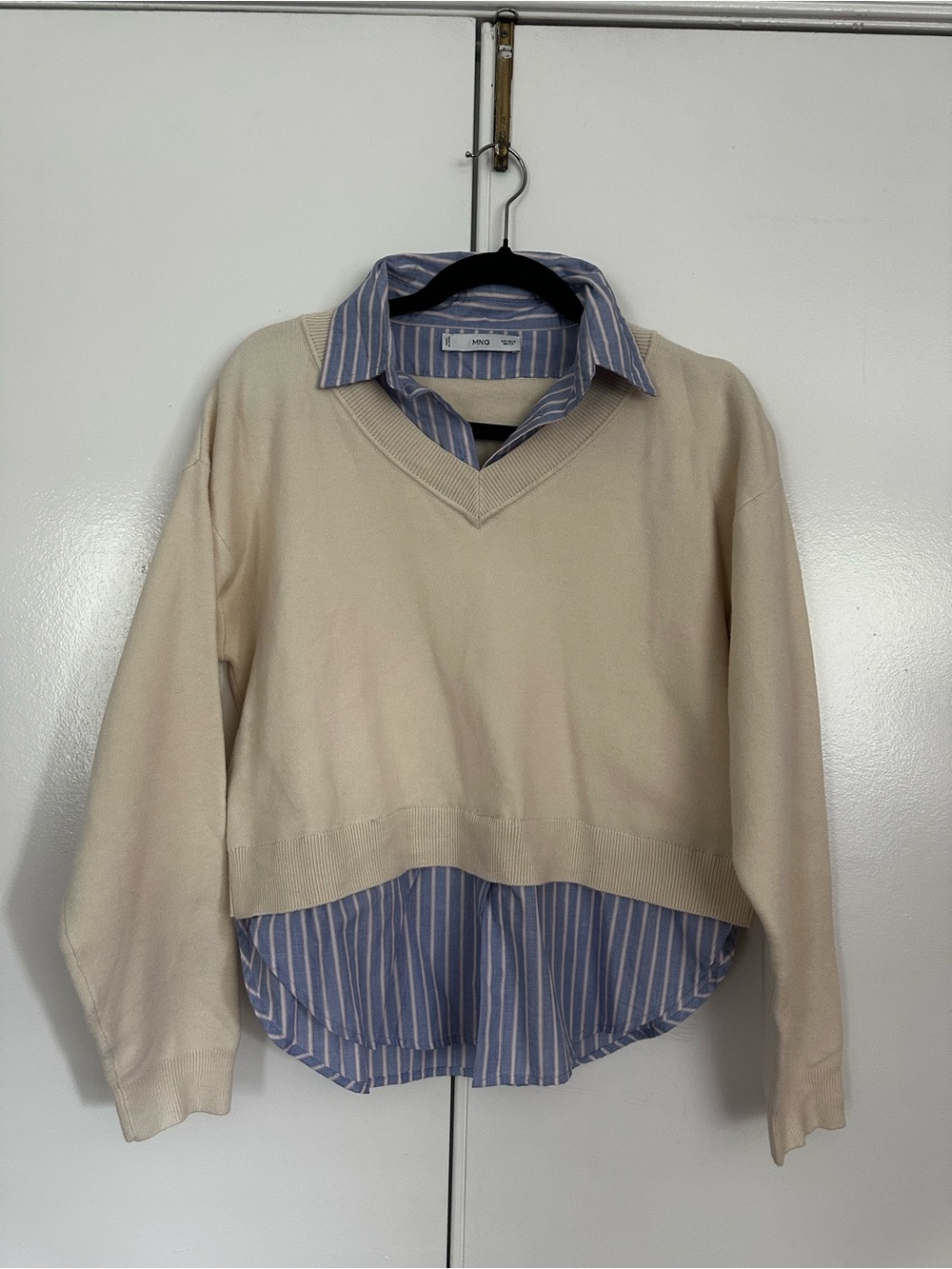 Mango Cream V-Neck Layered Sweater with Blue Striped Shirttail